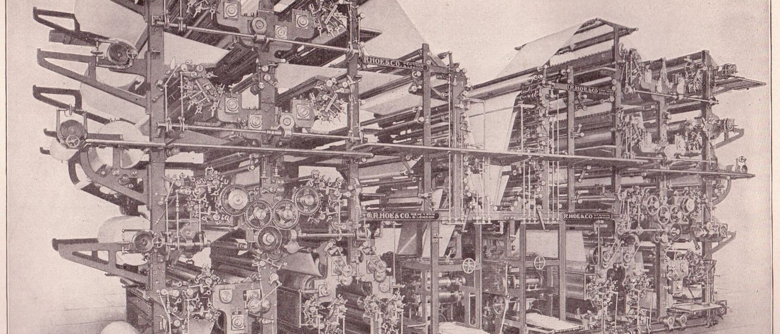 Historic illustration of a large rotary newspaper printing press with paper webs