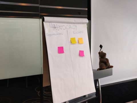 Flipchart in einem Seminarraum mit zwei Spalten und bunten Haftnotizen