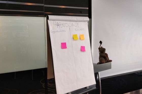 Flipchart in a workshop room with two columns and colourful sticky notes